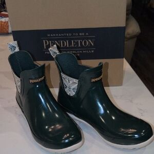 Pendleton Dark Green Ankle Boots with Patterned Trim